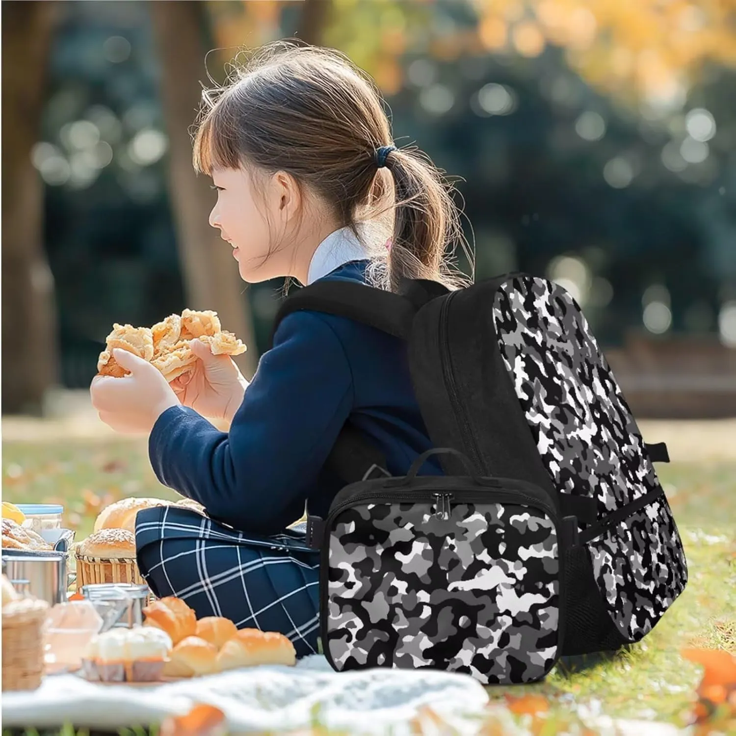Rnyleeg Black Camo Backpack for Boys Lightweight Boys Backpack 10-12 Years Old 17 inch Elementary School Bag Set 3 Pcs Back to School Supplies Set Hiking Rucksack