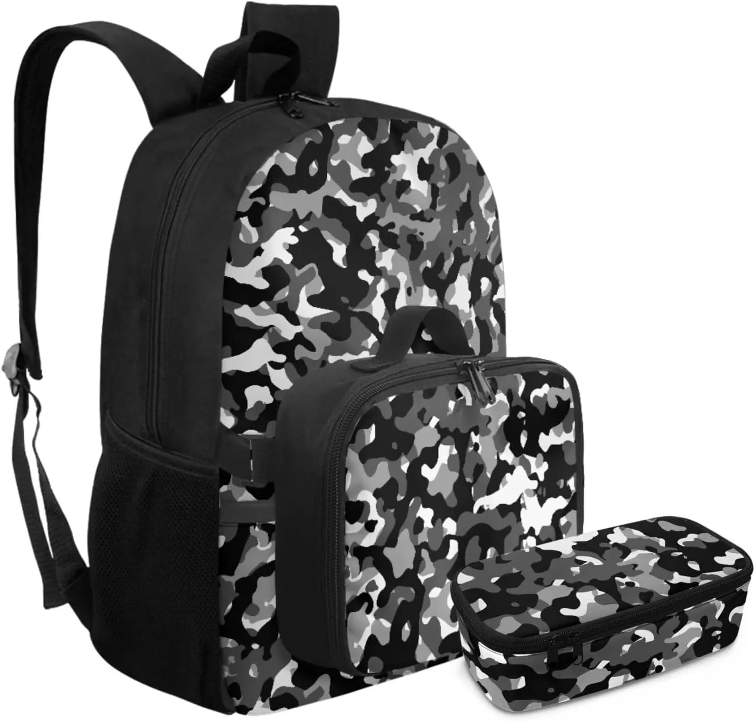 Rnyleeg Black Camo Backpack for Boys Lightweight Boys Backpack 10-12 Years Old 17 inch Elementary School Bag Set 3 Pcs Back to School Supplies Set Hiking Rucksack