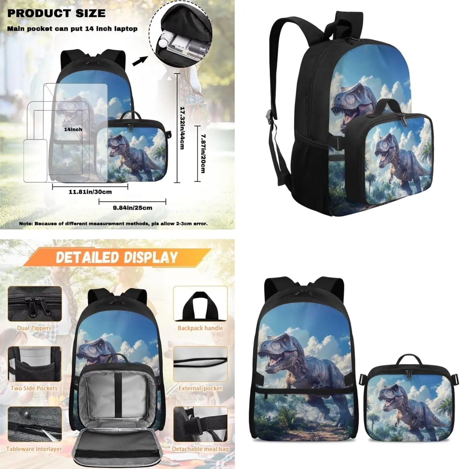 Rnyleeg Dinosaur Backpack for Boys 8-12 Cool Boys Backpack Set with Lunch bag 4 in 1 Elementary School Bookbag Set Back to School Gifts for Kids