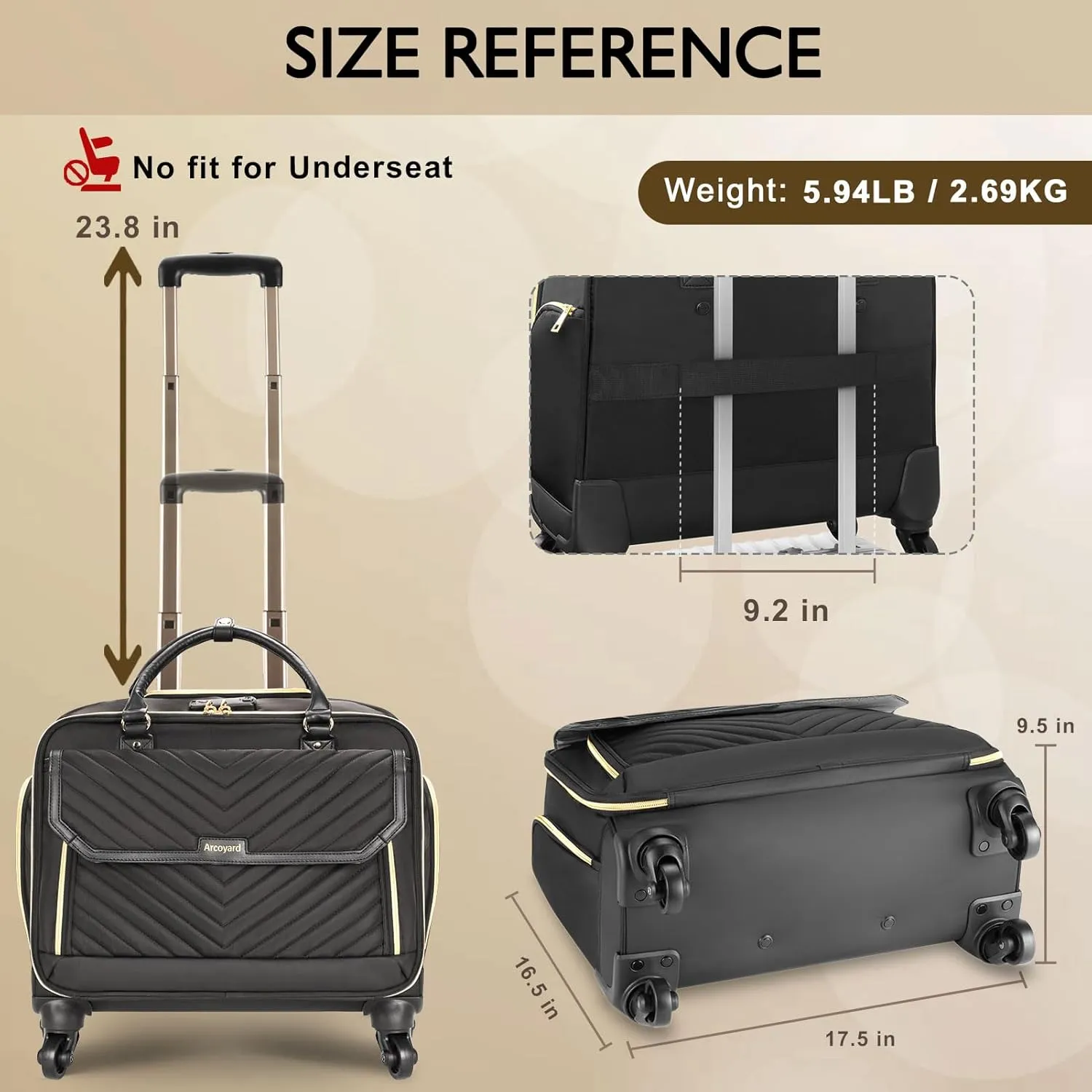 Rolling Briefcase for Women with 4 Spinner Wheels and Telescopic Extendable Handle, Laptop Bag with Wheels, Roller Computer Bag for Work Travel Carry On Luggage, TSA Friendly Design, Black