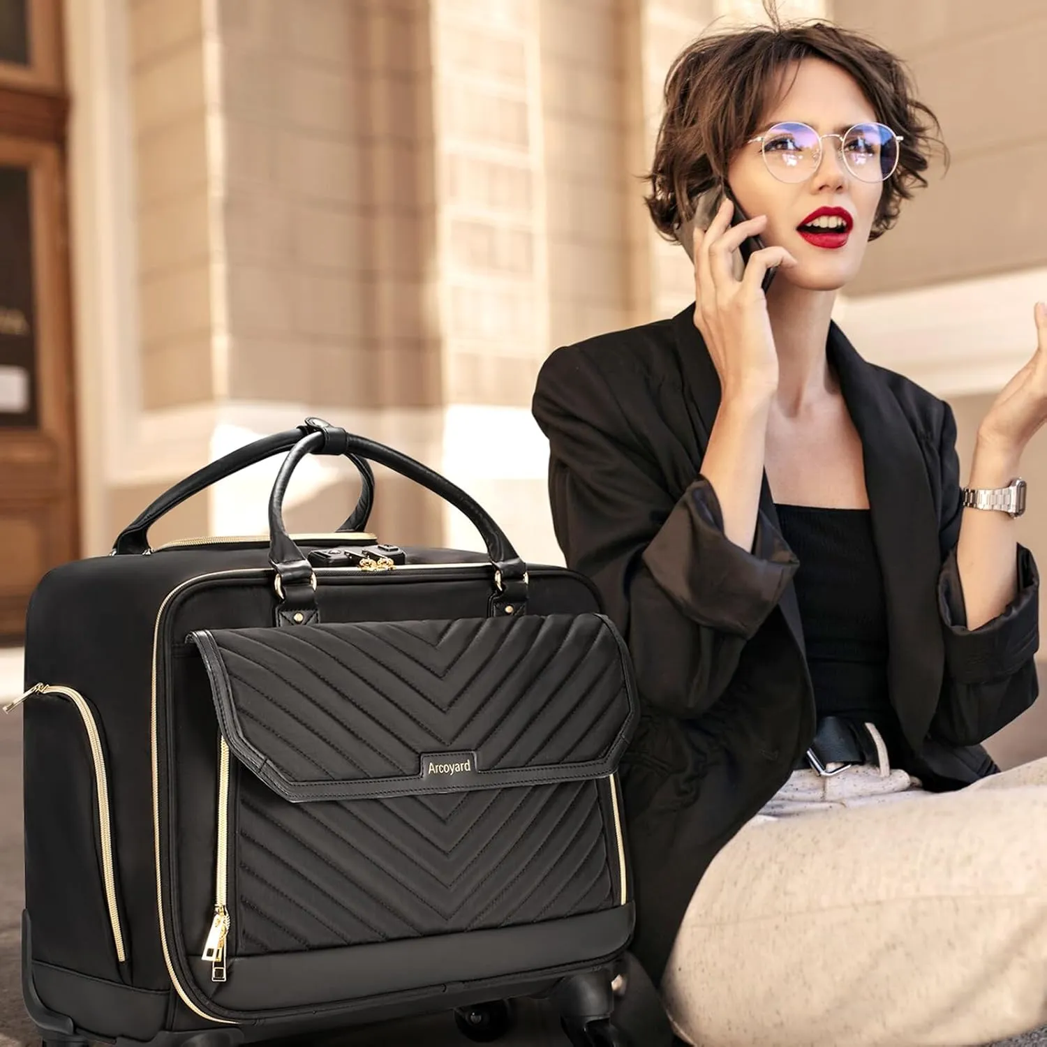 Rolling Briefcase for Women with 4 Spinner Wheels and Telescopic Extendable Handle, Laptop Bag with Wheels, Roller Computer Bag for Work Travel Carry On Luggage, TSA Friendly Design, Black