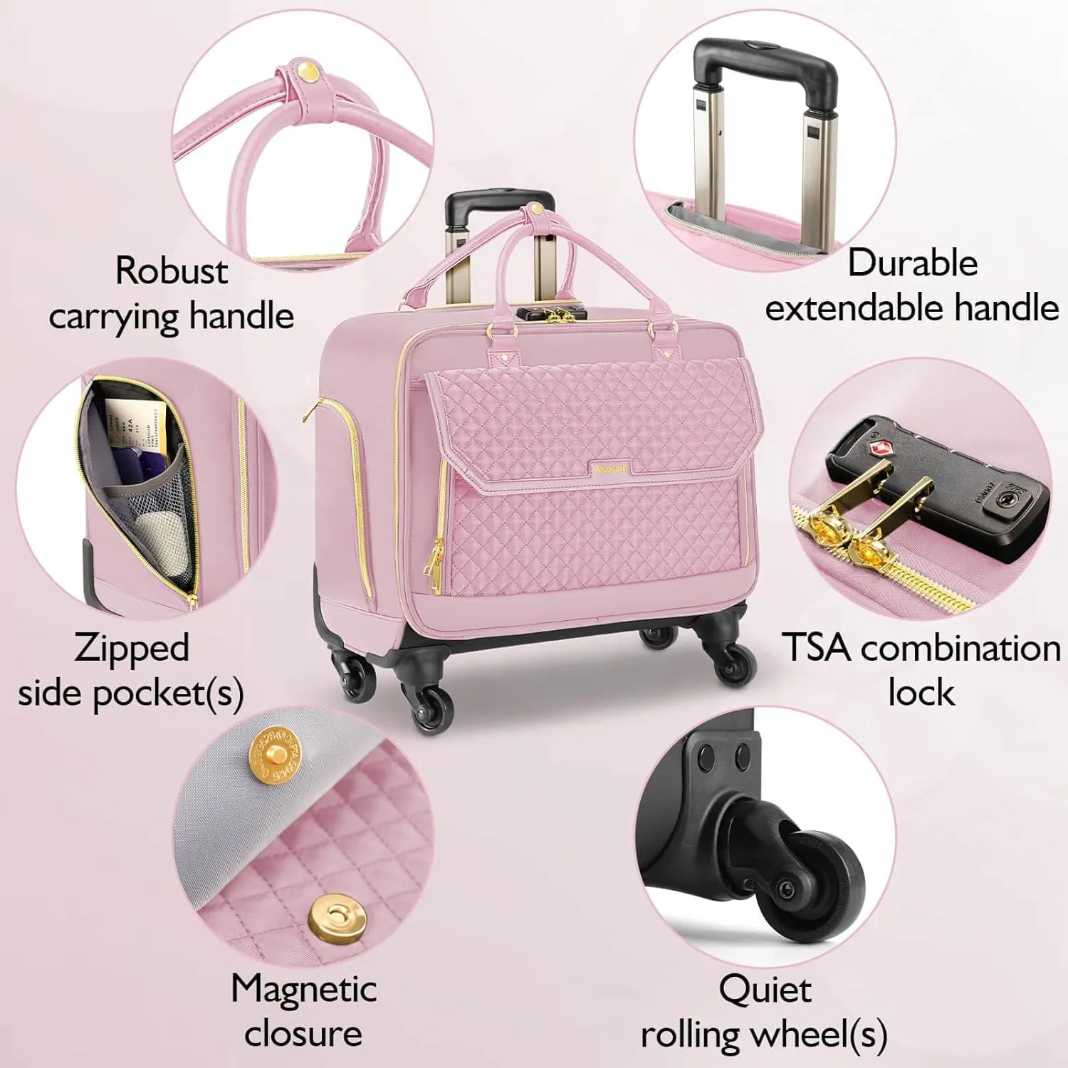 Rolling Laptop Bag, Briefcase for Women with 4 Spinner Wheels and Telescopic Extendable Handle, Roller Computer Bag for Work Travel Carry On Luggage, TSA Friendly Design, Pink