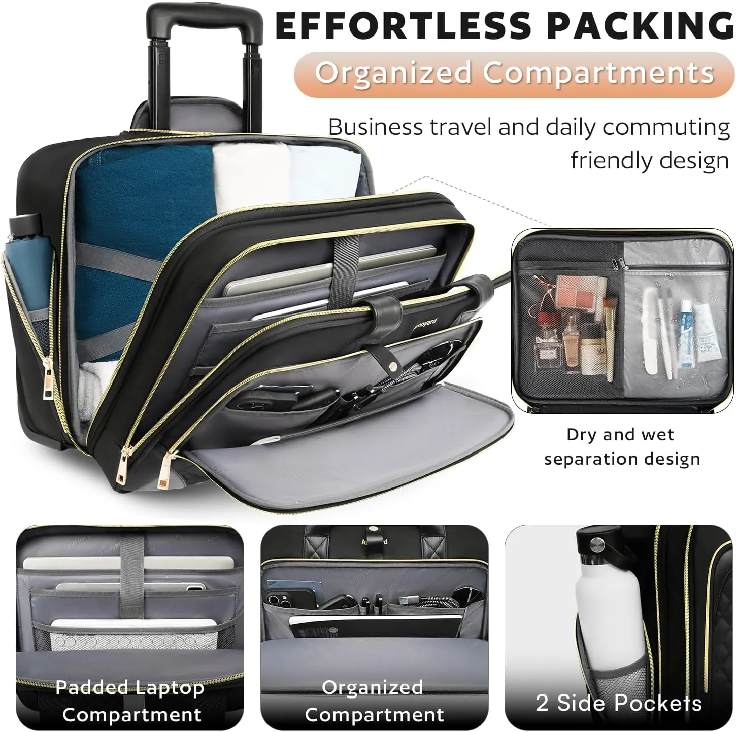 Rolling Laptop Bag Women, Rolling Briefcase for Women with Waterproof Pocket, 17.3 Inch Computer Bag, Underseat Carry On Luggage with Wheels for Work Travel Business, Lightweight Black