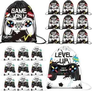 Roowest 36 Pack Video Game Party Drawstring Gifts Bag Gaming Birthday Bags Level up Backpack for Kids Baby Shower Decor(Black, White)