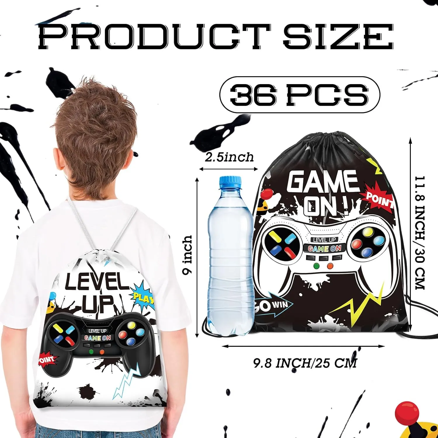 Roowest 36 Pack Video Game Party Drawstring Gifts Bag Gaming Birthday Bags Level up Backpack for Kids Baby Shower Decor(Black, White)