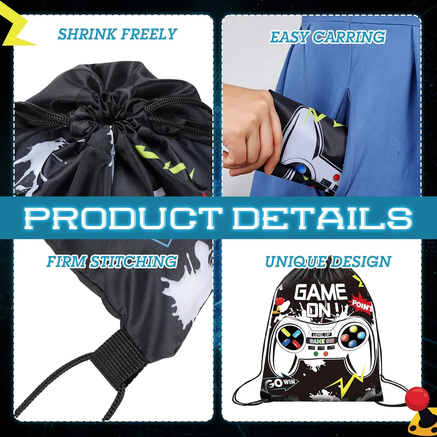 Roowest 36 Pack Video Game Party Drawstring Gifts Bag Gaming Birthday Bags Level up Backpack for Kids Baby Shower Decor(Black, White)