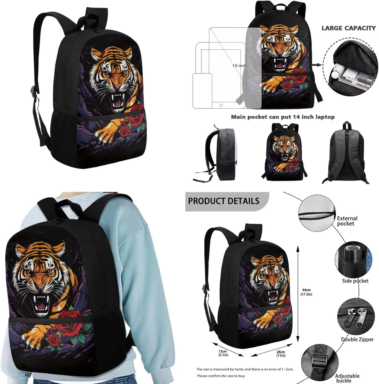 Rose Tiger School Bags for Boys 10-12 Years Old School Backpack with Lunch Bag Cozy School Backpack Set for Boys with Pencil Bag Keychain Bookbag Back To School Gift