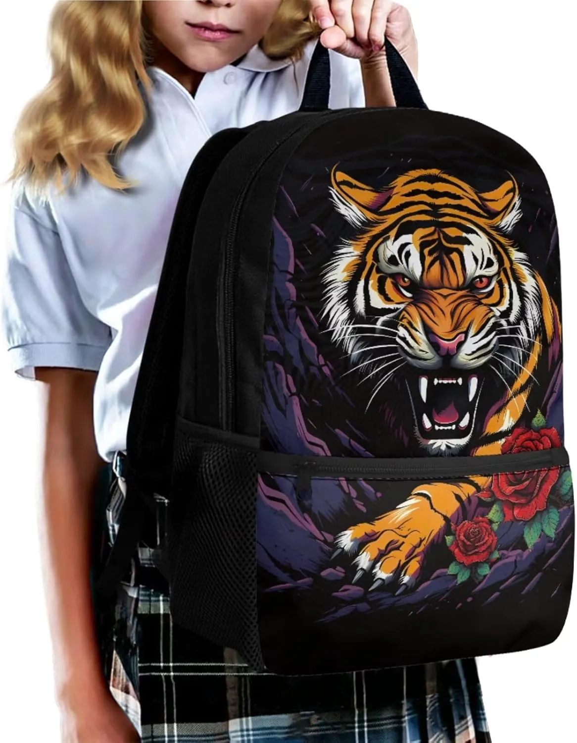 Rose Tiger School Bags for Boys 10-12 Years Old School Backpack with Lunch Bag Cozy School Backpack Set for Boys with Pencil Bag Keychain Bookbag Back To School Gift
