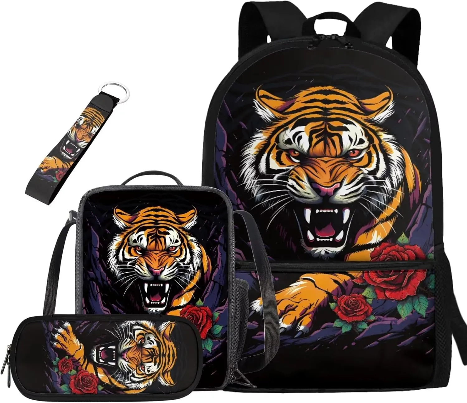 Rose Tiger School Bags for Boys 10-12 Years Old School Backpack with Lunch Bag Cozy School Backpack Set for Boys with Pencil Bag Keychain Bookbag Back To School Gift