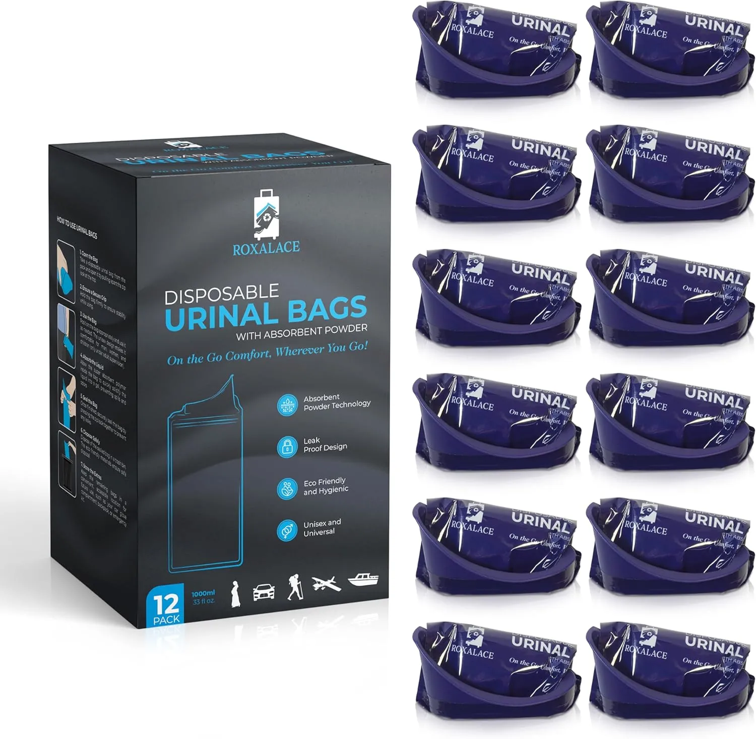 ROXALACE® Resealable Disposable Urinal Bags, 12 Pack 1000 ml Unisex Urine Bag Travel Traffic Jam Emergency Urinals Bag, Camping Pee Bags, Portable Toilet Pee Bags for Men Women Kids Patient