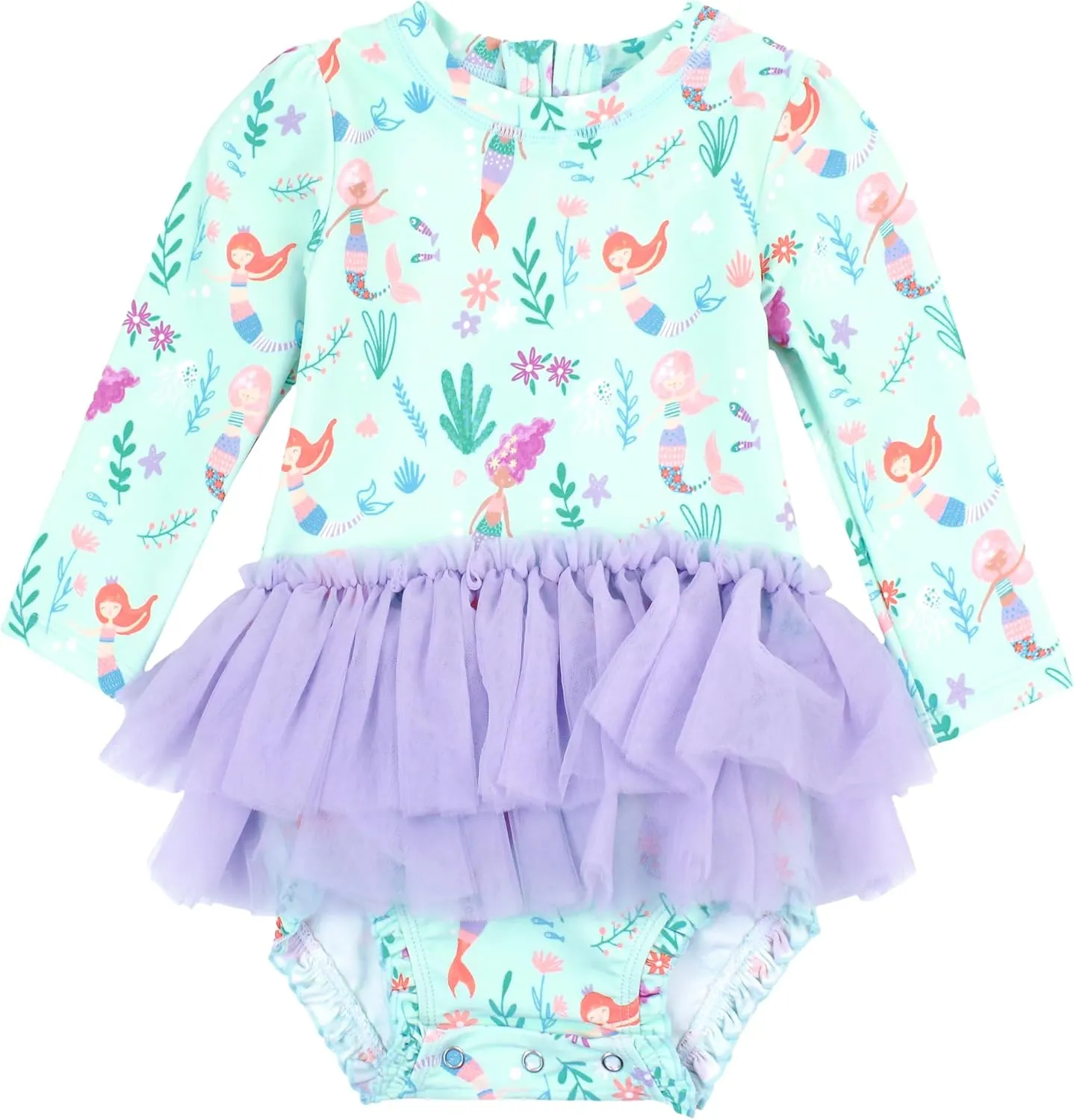 RuffleButts Baby Girls UPF 50  Sun Protection Tulle Skirted Long Sleeve One Piece Rash Guard Swimsuit