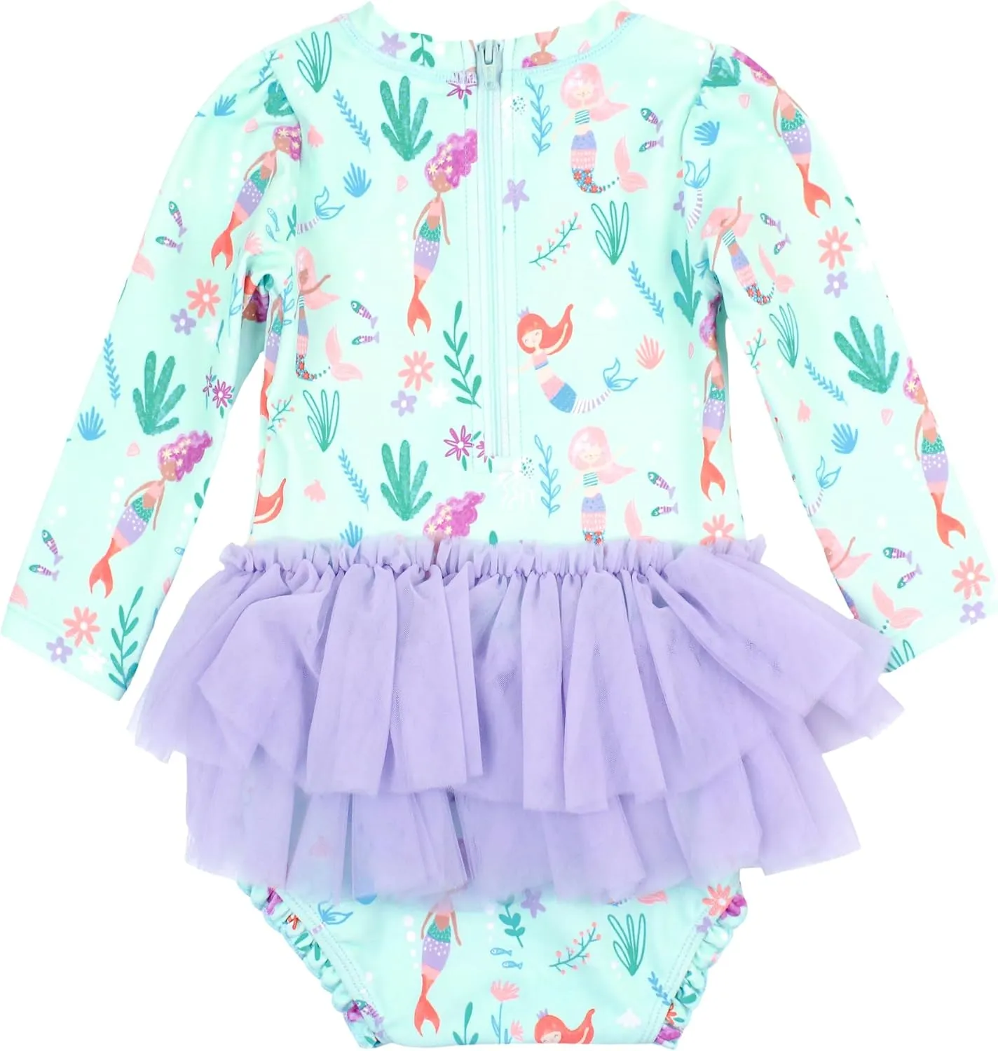 RuffleButts Baby Girls UPF 50  Sun Protection Tulle Skirted Long Sleeve One Piece Rash Guard Swimsuit