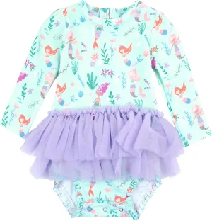 RuffleButts Baby Girls UPF 50  Sun Protection Tulle Skirted Long Sleeve One Piece Rash Guard Swimsuit