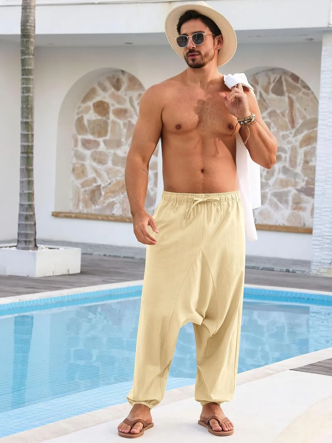 Runcati Mens Casual Harem Pants Baggy Hippie Yoga Cotton Linen Pants Drop Crotch Drawstring Beach Summer Trousers