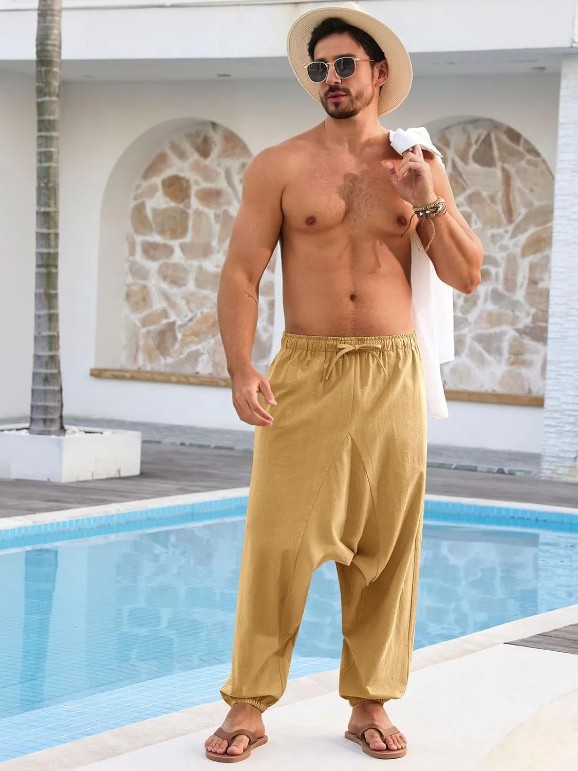 Runcati Mens Casual Harem Pants Baggy Hippie Yoga Cotton Linen Pants Drop Crotch Drawstring Beach Summer Trousers