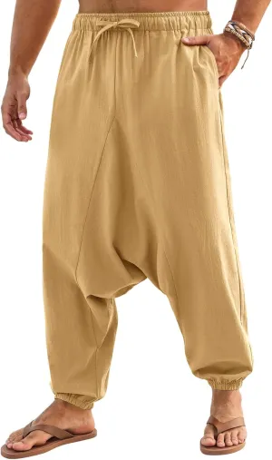 Runcati Mens Casual Harem Pants Baggy Hippie Yoga Cotton Linen Pants Drop Crotch Drawstring Beach Summer Trousers