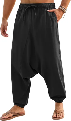 Runcati Mens Casual Harem Pants Baggy Hippie Yoga Cotton Linen Pants Drop Crotch Drawstring Beach Summer Trousers