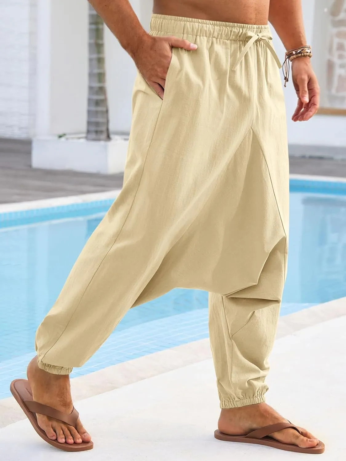 Runcati Mens Casual Harem Pants Baggy Hippie Yoga Cotton Linen Pants Drop Crotch Drawstring Beach Summer Trousers