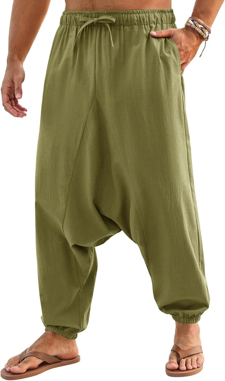 Runcati Mens Casual Harem Pants Baggy Hippie Yoga Cotton Linen Pants Drop Crotch Drawstring Beach Summer Trousers