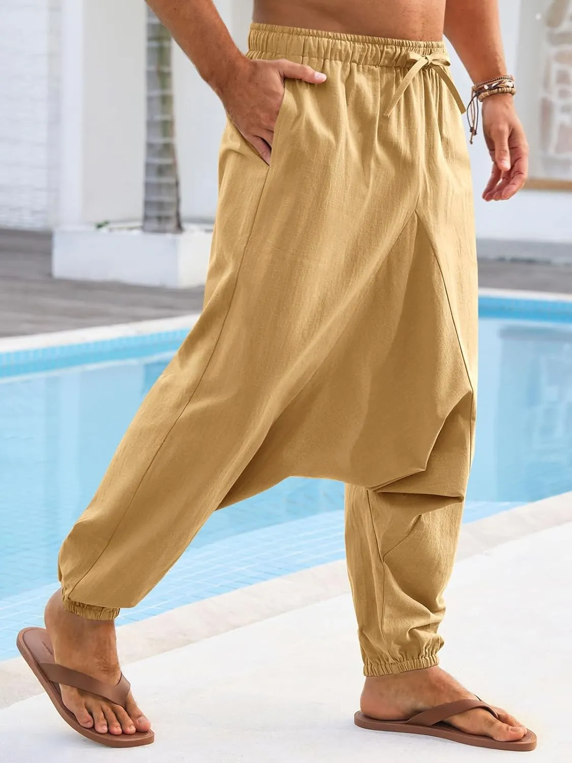 Runcati Mens Casual Harem Pants Baggy Hippie Yoga Cotton Linen Pants Drop Crotch Drawstring Beach Summer Trousers