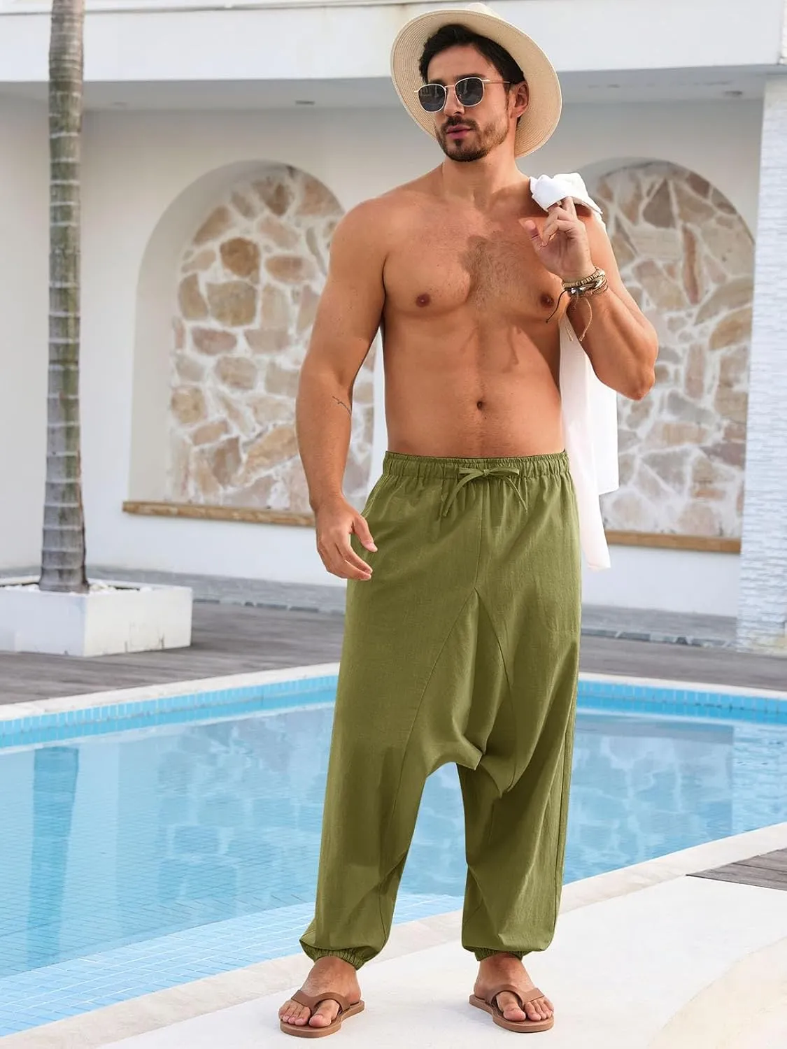 Runcati Mens Casual Harem Pants Baggy Hippie Yoga Cotton Linen Pants Drop Crotch Drawstring Beach Summer Trousers