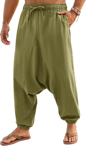 Runcati Mens Casual Harem Pants Baggy Hippie Yoga Cotton Linen Pants Drop Crotch Drawstring Beach Summer Trousers