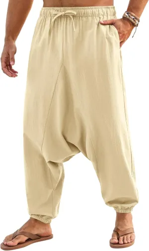 Runcati Mens Casual Harem Pants Baggy Hippie Yoga Cotton Linen Pants Drop Crotch Drawstring Beach Summer Trousers