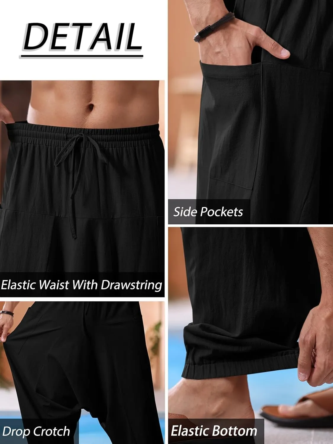 Runcati Mens Harem Pants Baggy Hippie Casual Cotton Linen Loose Boho Yoga Beach Drop Crotch Trouser