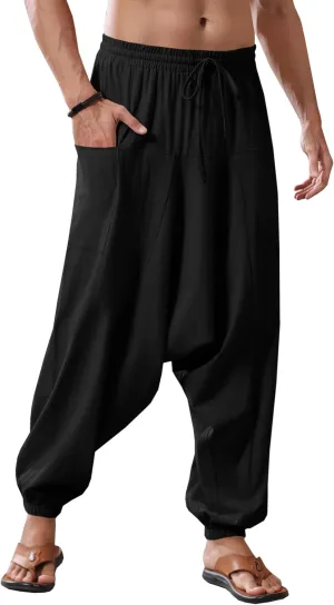 Runcati Mens Harem Pants Baggy Hippie Casual Cotton Linen Loose Boho Yoga Beach Drop Crotch Trouser