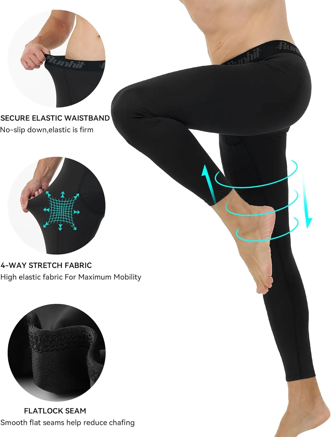 Runhit 3 Pack Compression Pants Men Running Tights Workout Leggings Athletic Base Layer Pants