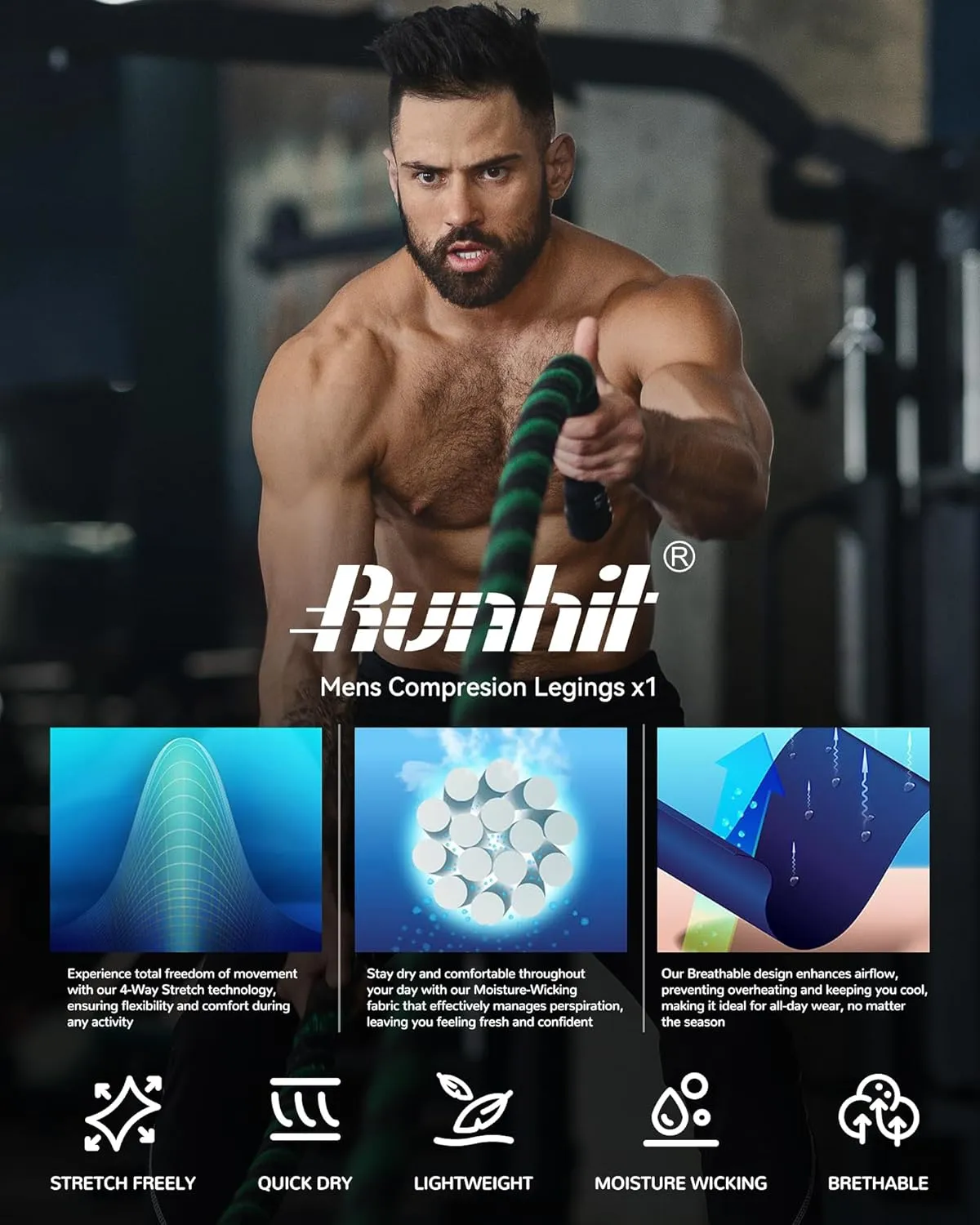 Runhit 3 Pack Compression Pants Men Running Tights Workout Leggings Athletic Base Layer Pants