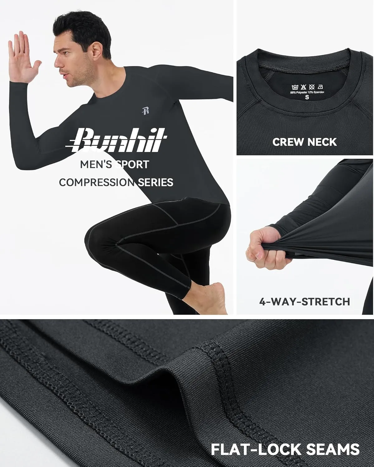 Runhit Long Sleeve Compression Shirts for Men, UPF 50  Men's Compression Shirts, Running Athletic Workout Base Layer