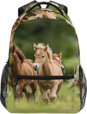 Running Ponies with Foals School backpack for Boys Girls, Elementary School Bookbag Travel Bag Laptop Daypack with Name Tag