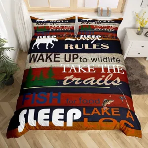 Rustic Lake Cabin Duvet Cover, Camping Lodge Rules Comforter Cover Moose Vintage Wooden Barn Door Bedding Set Twin Size for Kids Teens Adult, Farmhouse Country Quilt Cover Lakeside Camp Rv Decor