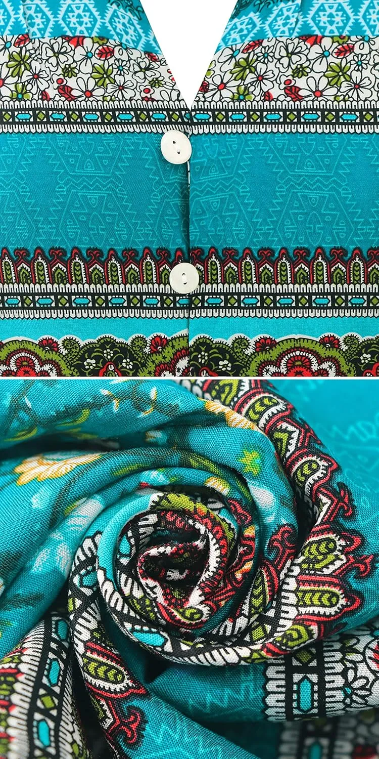 R.Vivimos Women's Summer Boho Button Up V Neck Floral Print Roll Up Causal Split Beach Midi Dresses