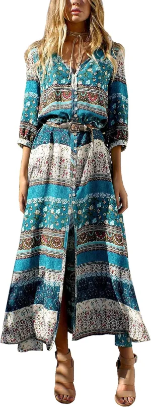 R.Vivimos Women's Summer Boho Button Up V Neck Floral Print Roll Up Causal Split Beach Midi Dresses