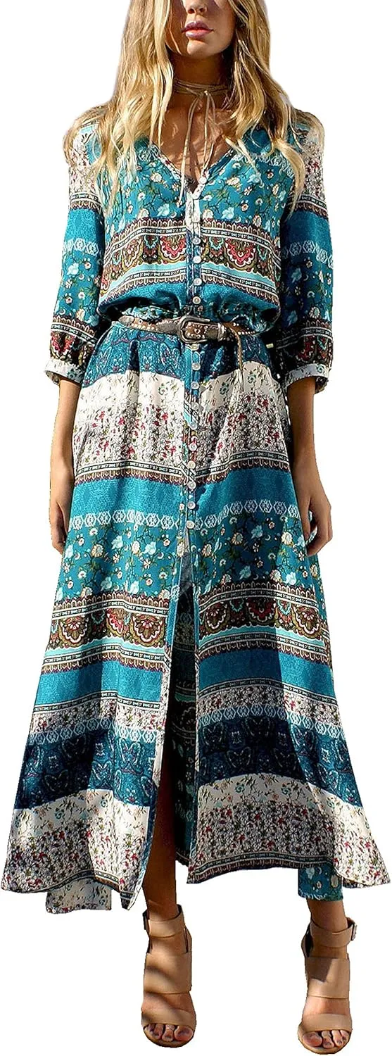 R.Vivimos Women's Summer Boho Button Up V Neck Floral Print Roll Up Causal Split Beach Midi Dresses