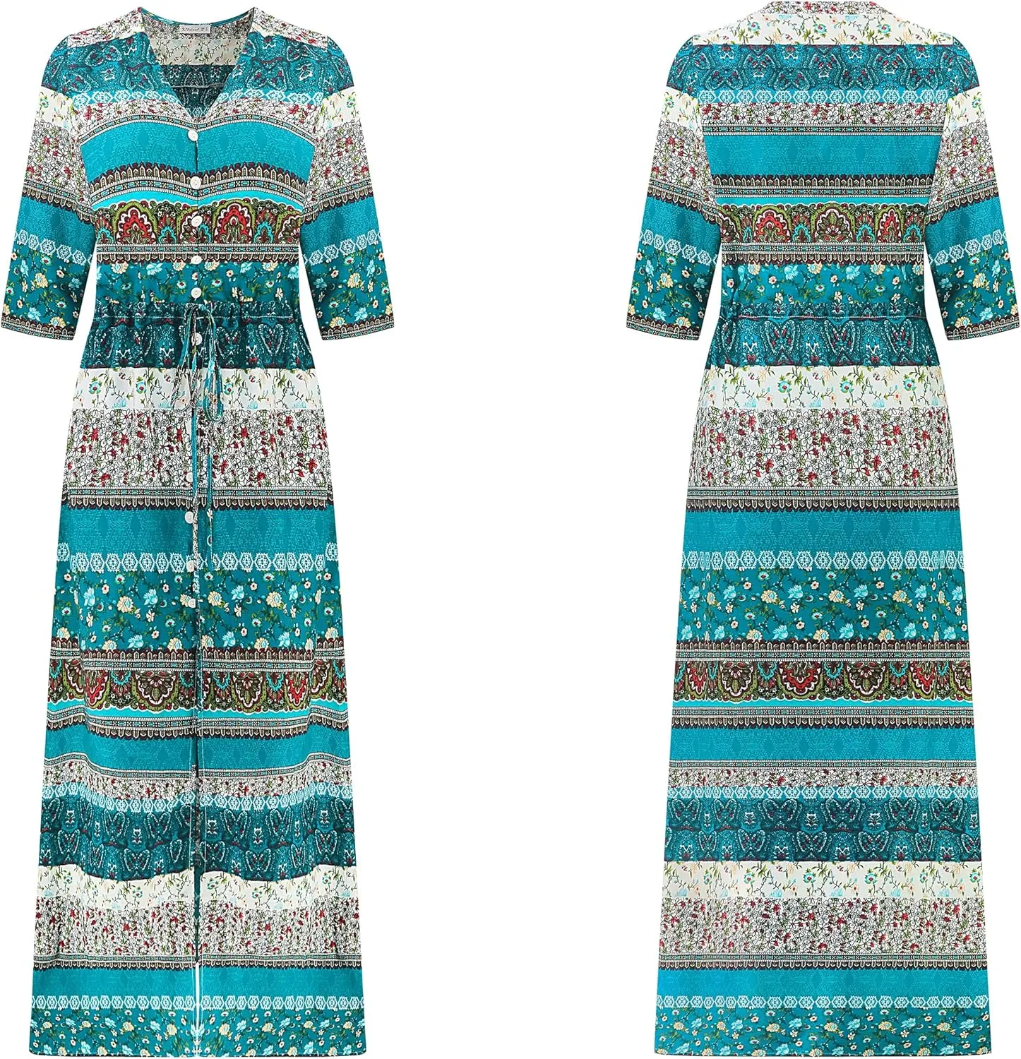 R.Vivimos Women's Summer Boho Button Up V Neck Floral Print Roll Up Causal Split Beach Midi Dresses