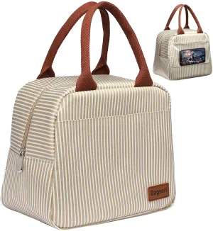 Rynx | Lunch Bag, Bagseri Insulated Lunch Bags For Women And Men, With Transparent Phone Holder Pocket, Reusable Lunch Cooler Box Thermal Organizer, Water-Resistant Lining (Khaki White Stripe)