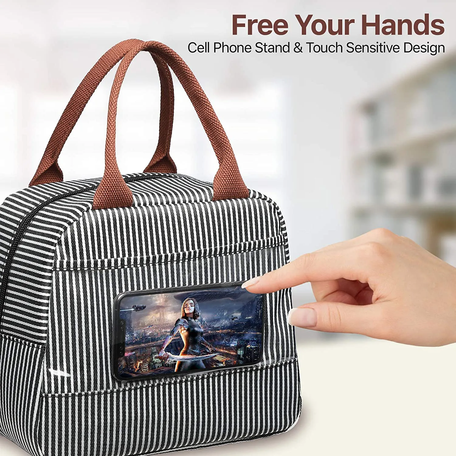 Rynx | Lunch Bag, Bagseri Insulated Lunch Bags For Women And Men, With Transparent Phone Holder Pocket, Reusable Lunch Cooler Box Thermal Organizer, Water-Resistant Lining (Khaki White Stripe)