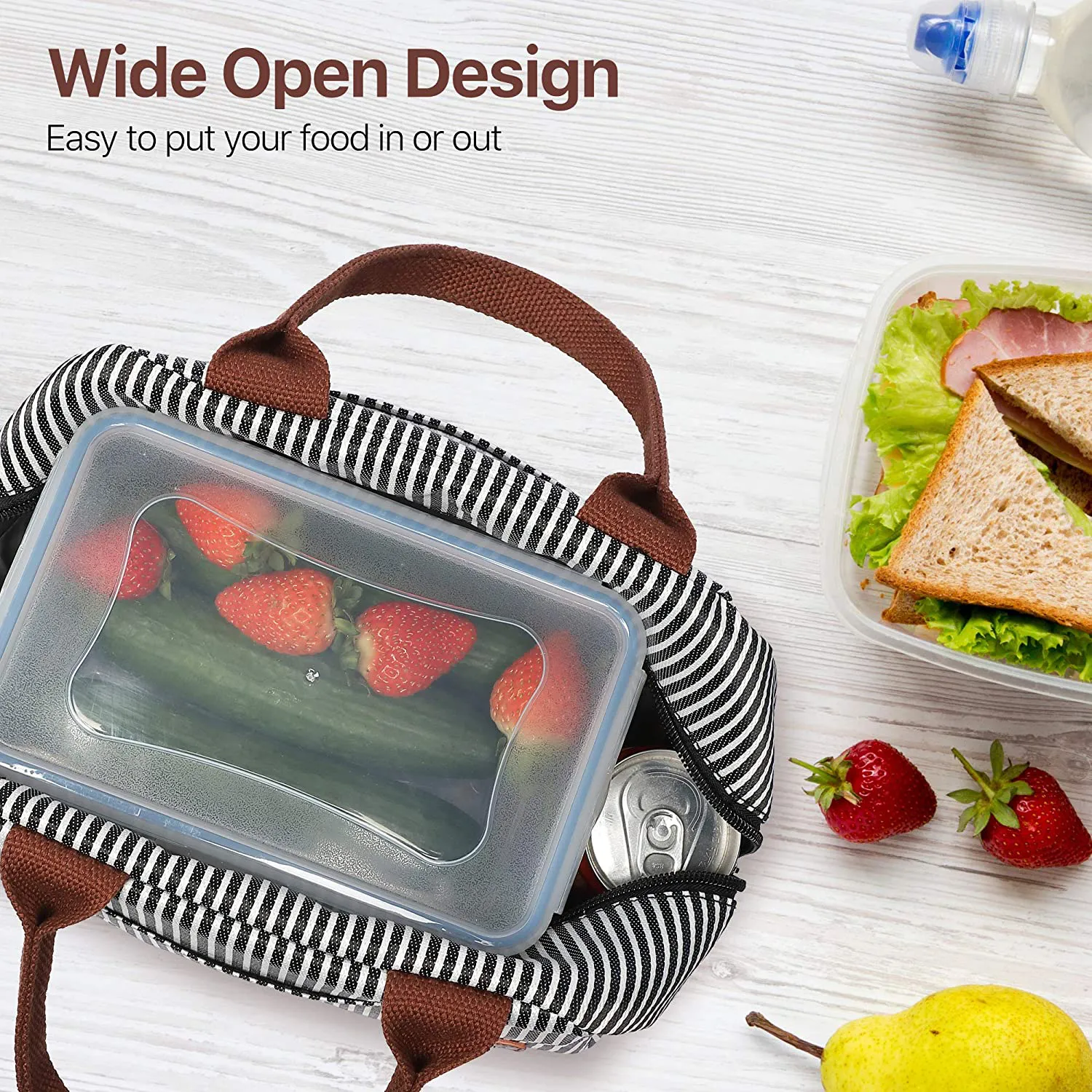 Rynx | Lunch Bag, Bagseri Insulated Lunch Bags For Women And Men, With Transparent Phone Holder Pocket, Reusable Lunch Cooler Box Thermal Organizer, Water-Resistant Lining (Khaki White Stripe)