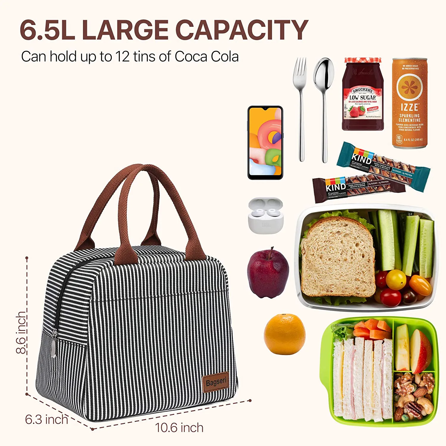 Rynx | Lunch Bag, Bagseri Insulated Lunch Bags For Women And Men, With Transparent Phone Holder Pocket, Reusable Lunch Cooler Box Thermal Organizer, Water-Resistant Lining (Khaki White Stripe)