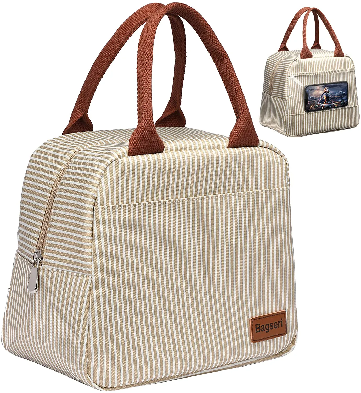 Rynx | Lunch Bag, Bagseri Insulated Lunch Bags For Women And Men, With Transparent Phone Holder Pocket, Reusable Lunch Cooler Box Thermal Organizer, Water-Resistant Lining (Khaki White Stripe)