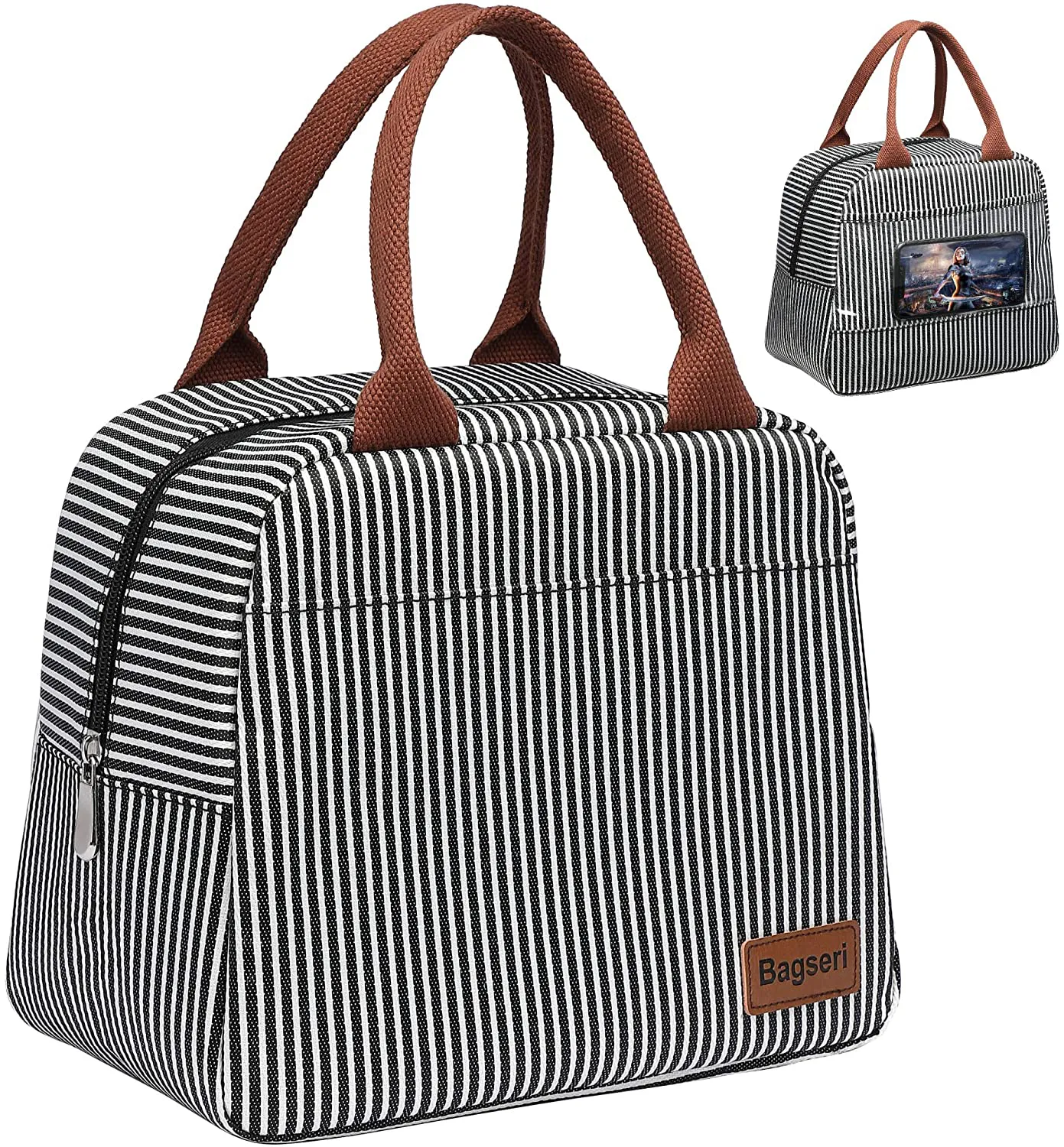 Rynx | Lunch Bag, Bagseri Insulated Lunch Bags For Women And Men, With Transparent Phone Holder Pocket, Reusable Lunch Cooler Box Thermal Organizer, Water-Resistant Lining (Khaki White Stripe)