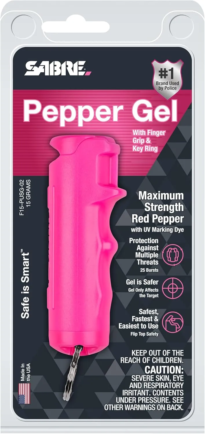 SABRE Pepper Gel with Fast Flip Top, Maximum Strength OC Spray, Snap Clip for Easy Carry and Fast Access, Finger Grip for More Accurate and Faster Aim, UV Marking Dye, 0.54 fl oz, Easy to Use Safety