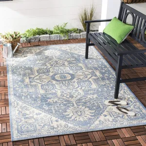SAFAVIEH Beach House Collection Area Rug - 6'7" x 9'2", Cream & Blue, Oriental Medallion Design, Non-Shedding & Easy Care, Indoor/Outdoor & Washable-Ideal for Patio, Backyard, Mudroom (BHS138N)