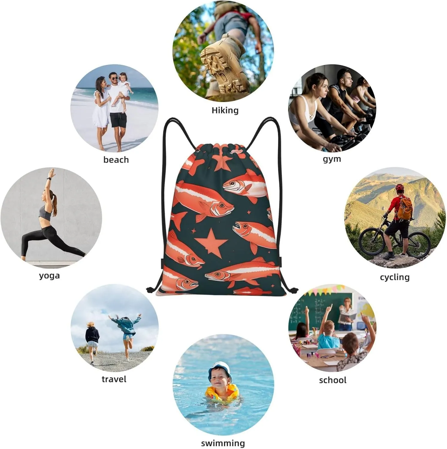 Salmon print Sports Drawstring Backpack String Swim Gym Bag for Women and Men Small Gym Bag