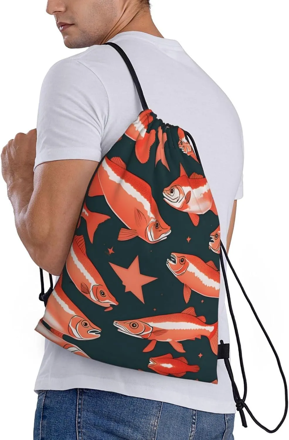 Salmon print Sports Drawstring Backpack String Swim Gym Bag for Women and Men Small Gym Bag