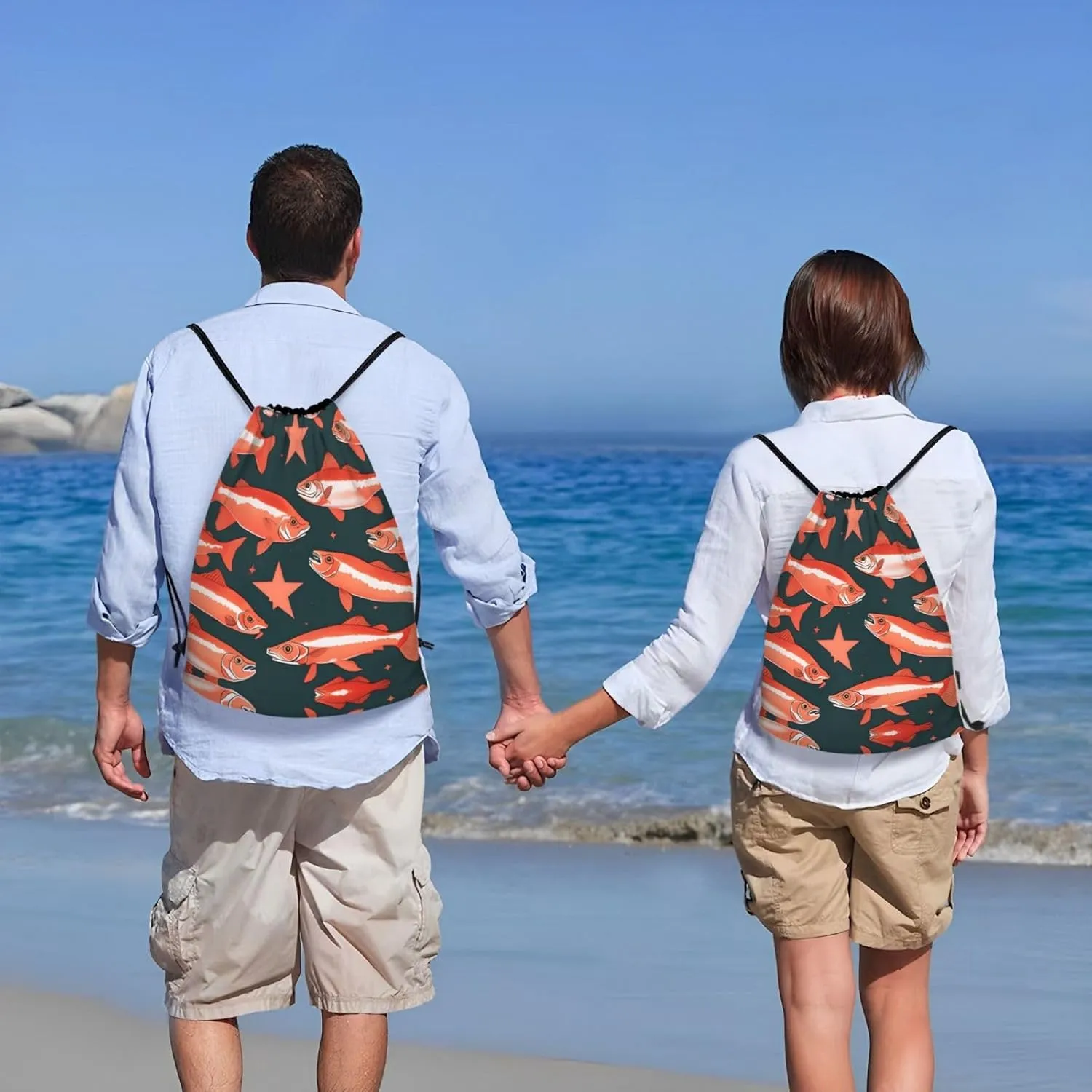 Salmon print Sports Drawstring Backpack String Swim Gym Bag for Women and Men Small Gym Bag
