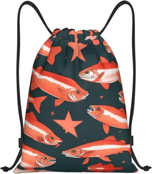 Salmon print Sports Drawstring Backpack String Swim Gym Bag for Women and Men Small Gym Bag